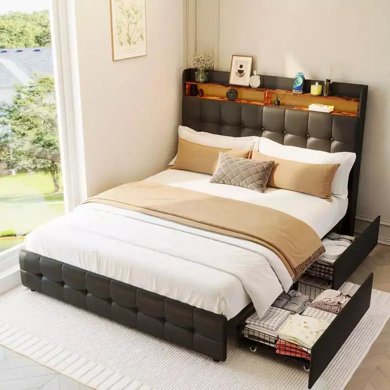 Letto a piattaforma Queen in velluto grigio con testiera LED RGB e 2 cassetti portaoggetti – Posti a sedere 1