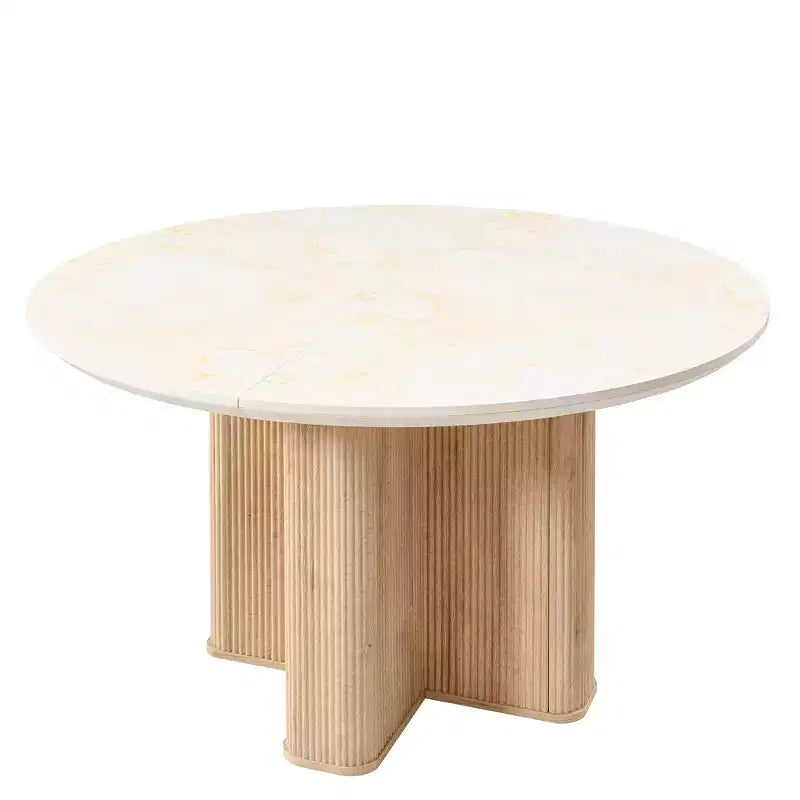 Tavolo da pranzo rotondo, base a piedistallo scanalata, marmo e rovere naturale / naturale, posti 4-6