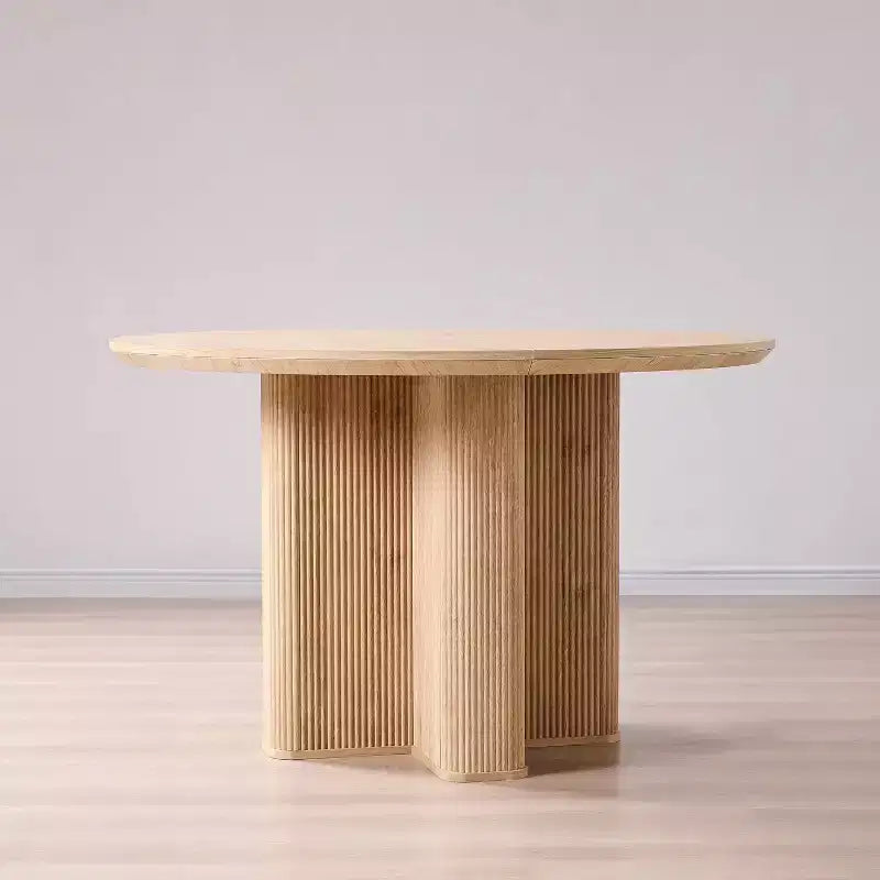 Tavolo da pranzo rotondo, base a piedistallo scanalata, marmo e rovere naturale / naturale, posti 4-6