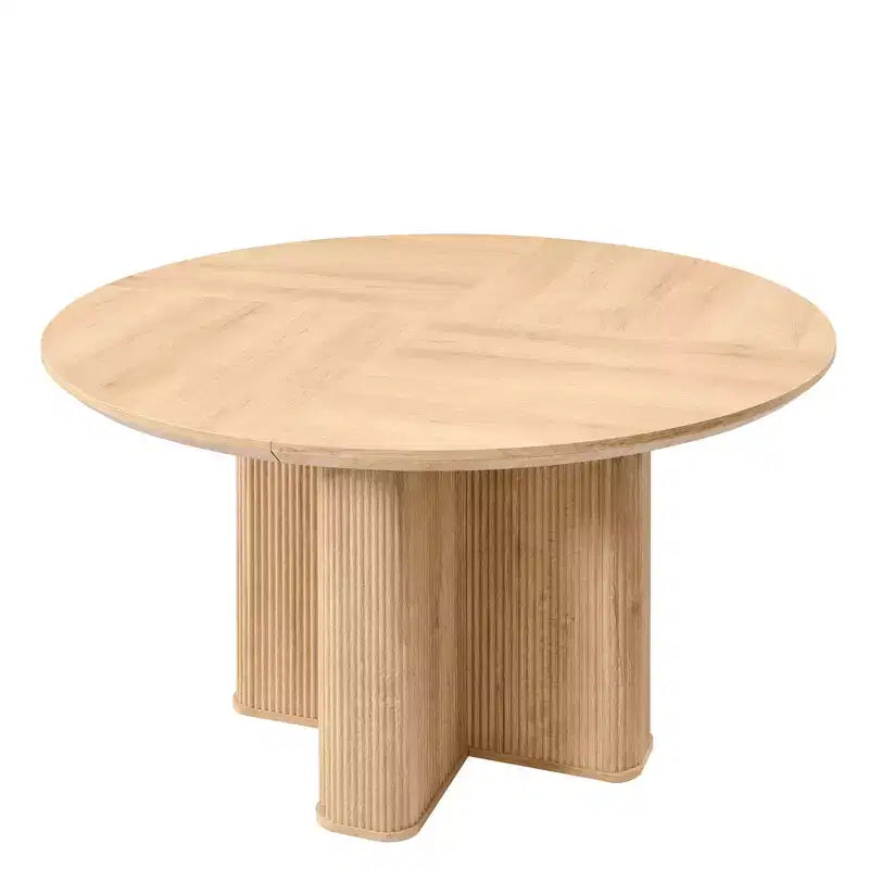 Tavolo da pranzo rotondo, base a piedistallo scanalata, marmo e rovere naturale / naturale, posti 4-6