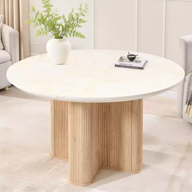 Tavolo da pranzo rotondo, base a piedistallo scanalata, marmo e rovere naturale / naturale, posti 4-6