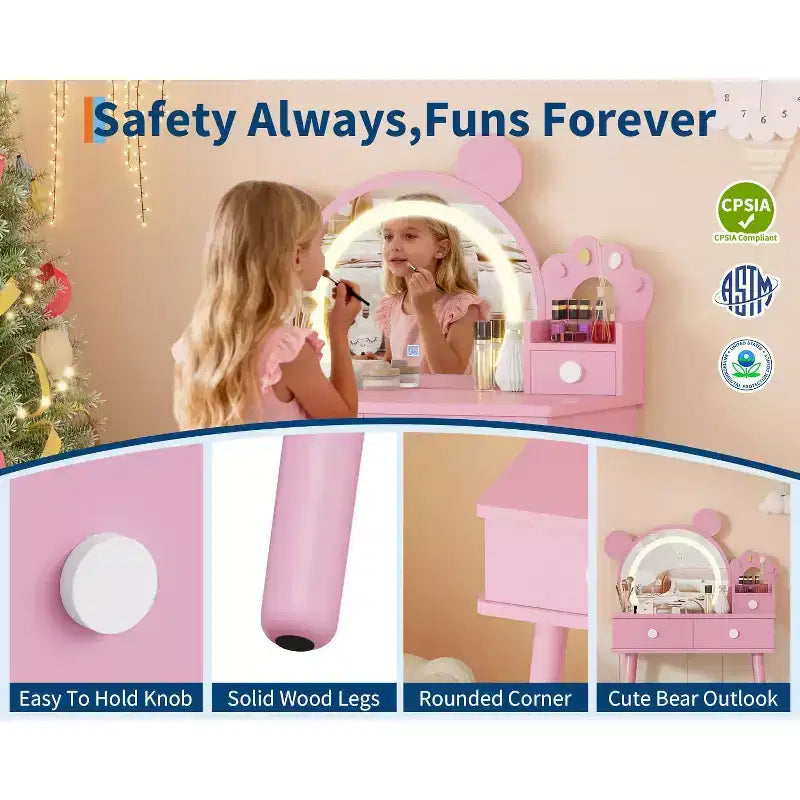 Set Toeletta per Bambini a Forma di Orsetto Rosa / Viola / Bianco con Specchio e Sgabello, 1 Posto