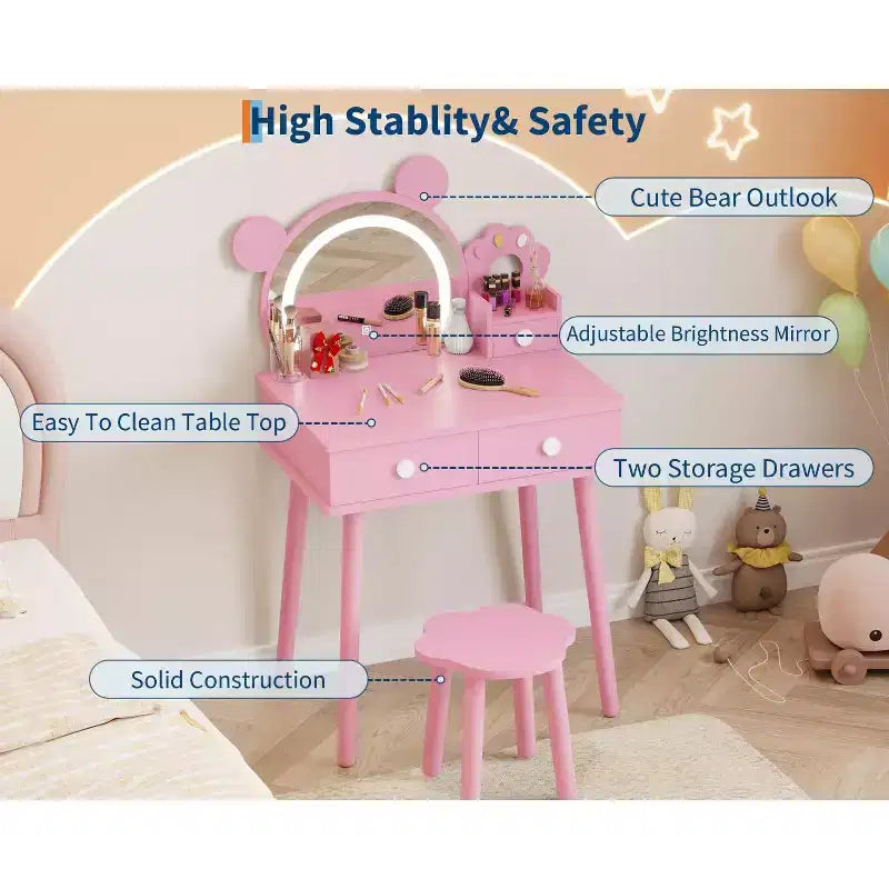 Set Toeletta per Bambini a Forma di Orsetto Rosa / Viola / Bianco con Specchio e Sgabello, 1 Posto