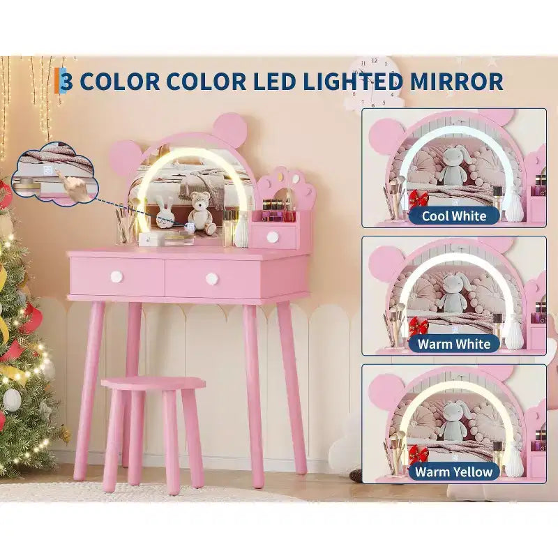 Set Toeletta per Bambini a Forma di Orsetto Rosa / Viola / Bianco con Specchio e Sgabello, 1 Posto