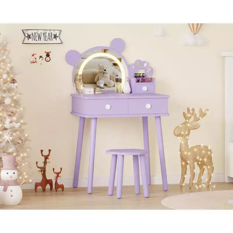Set Toeletta per Bambini a Forma di Orsetto Rosa / Viola / Bianco con Specchio e Sgabello, 1 Posto