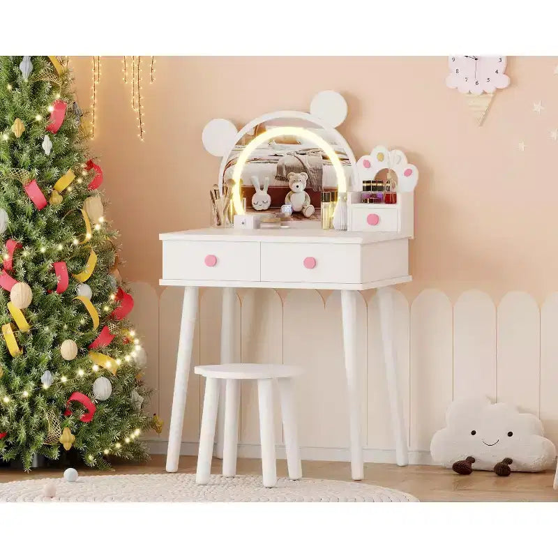 Set Toeletta per Bambini a Forma di Orsetto Rosa / Viola / Bianco con Specchio e Sgabello, 1 Posto