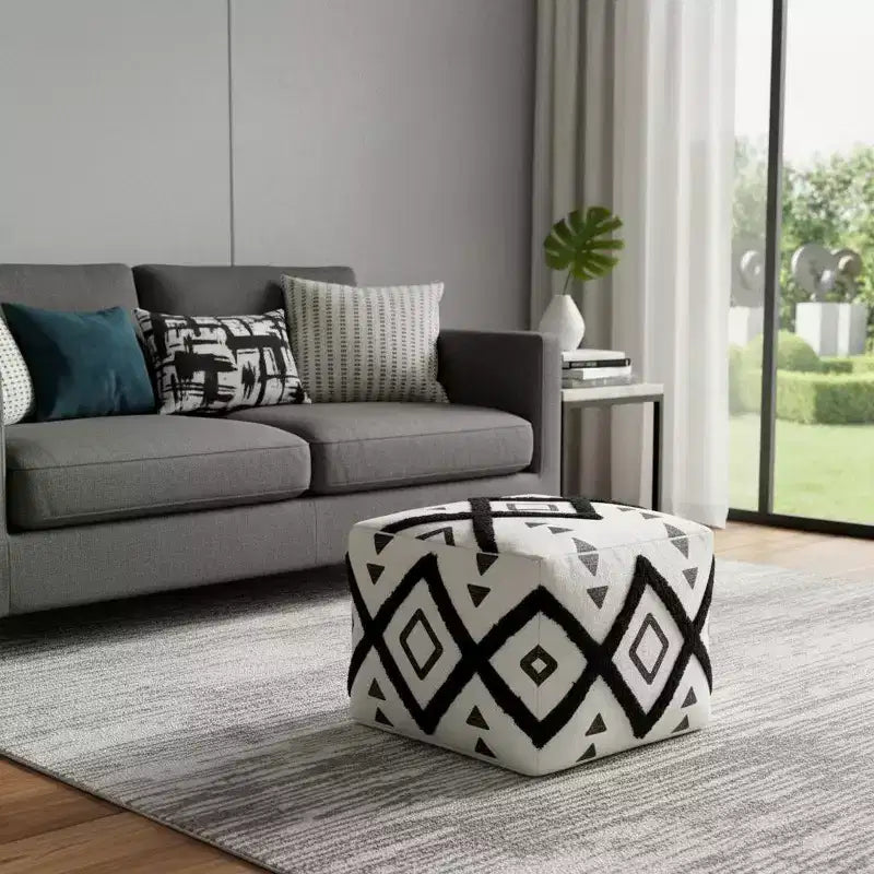Pouf poggiapiedi quadrato in cotone bianco a motivi geometrici, 1 posto