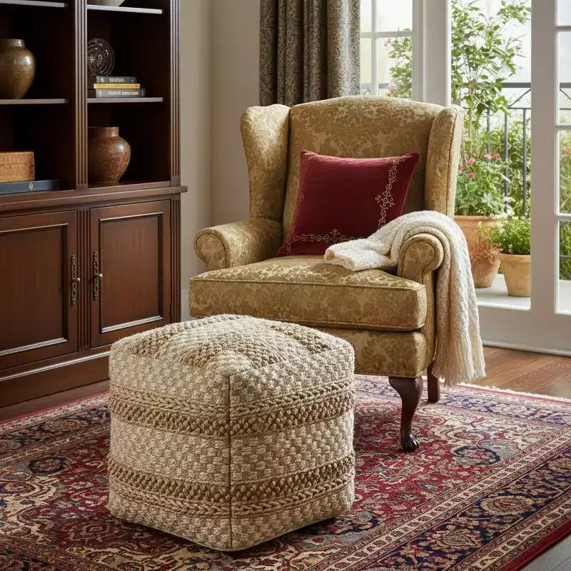 Pouf/Ottoman Quadrato a Righe Beige in Iuta – 1 Posto