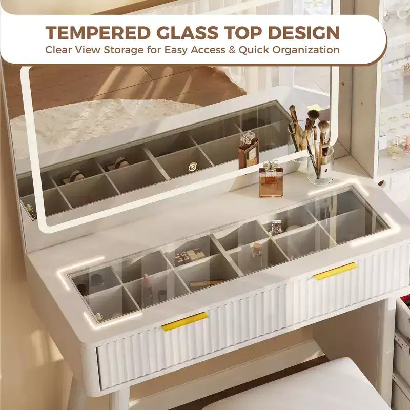 Toeletta Trucco in Legno Naturale/Bianco con Specchio Illuminato e Sgabello Contenitore – 1 Persona