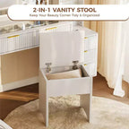 Toeletta Trucco in Legno Naturale/Bianco con Specchio Illuminato e Sgabello Contenitore – 1 Persona
