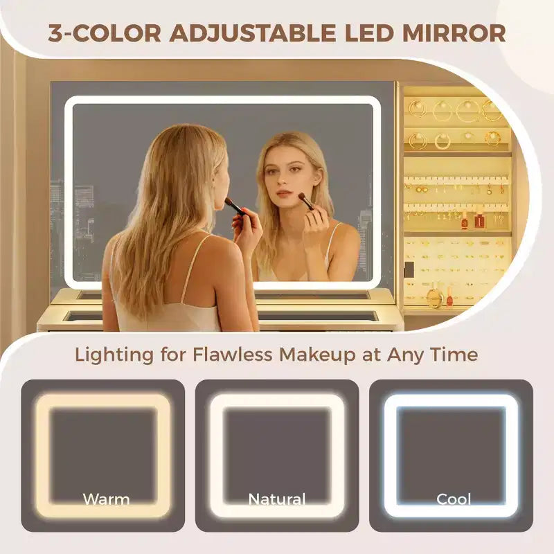 Toeletta Trucco in Legno Naturale/Bianco con Specchio Illuminato e Sgabello Contenitore – 1 Persona