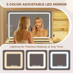 Toeletta Trucco in Legno Naturale/Bianco con Specchio Illuminato e Sgabello Contenitore – 1 Persona