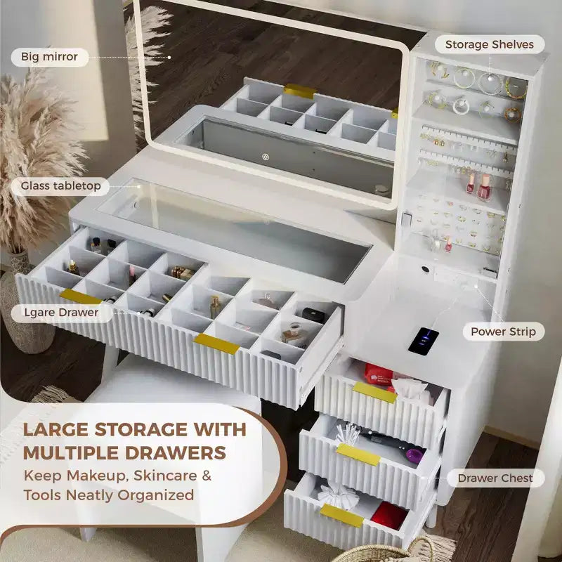 Toeletta Trucco in Legno Naturale/Bianco con Specchio Illuminato e Sgabello Contenitore – 1 Persona