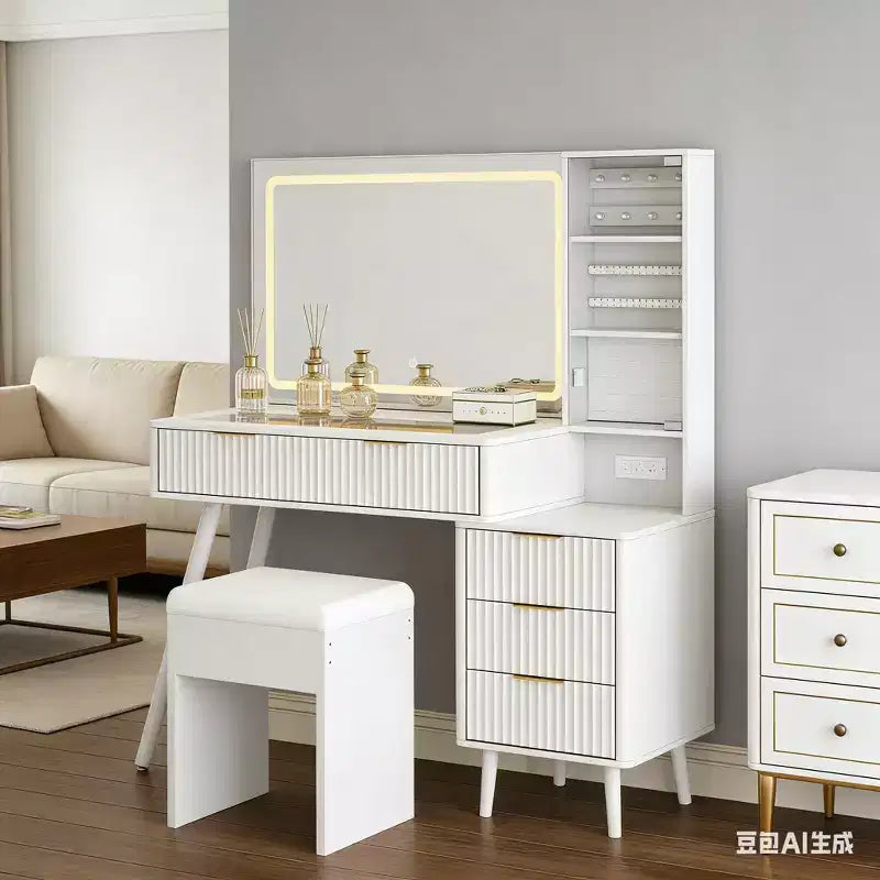 Toeletta Trucco in Legno Naturale/Bianco con Specchio Illuminato e Sgabello Contenitore – 1 Persona