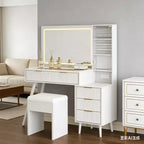 Toeletta Trucco in Legno Naturale/Bianco con Specchio Illuminato e Sgabello Contenitore – 1 Persona