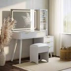 Toeletta Trucco in Legno Naturale/Bianco con Specchio Illuminato e Sgabello Contenitore – 1 Persona