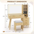 Toeletta Trucco in Legno Naturale/Bianco con Specchio Illuminato e Sgabello Contenitore – 1 Persona