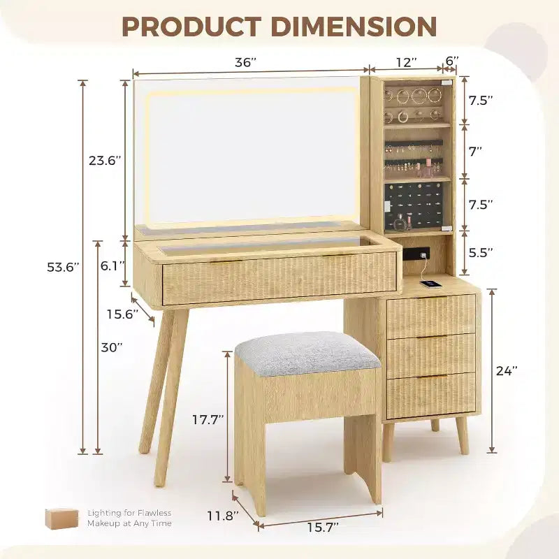 Toeletta Trucco in Legno Naturale/Bianco con Specchio Illuminato e Sgabello Contenitore – 1 Persona