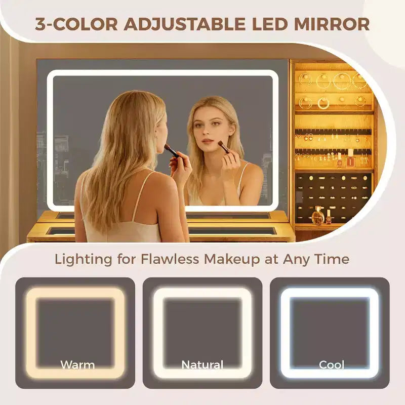 Toeletta Trucco in Legno Naturale/Bianco con Specchio Illuminato e Sgabello Contenitore – 1 Persona