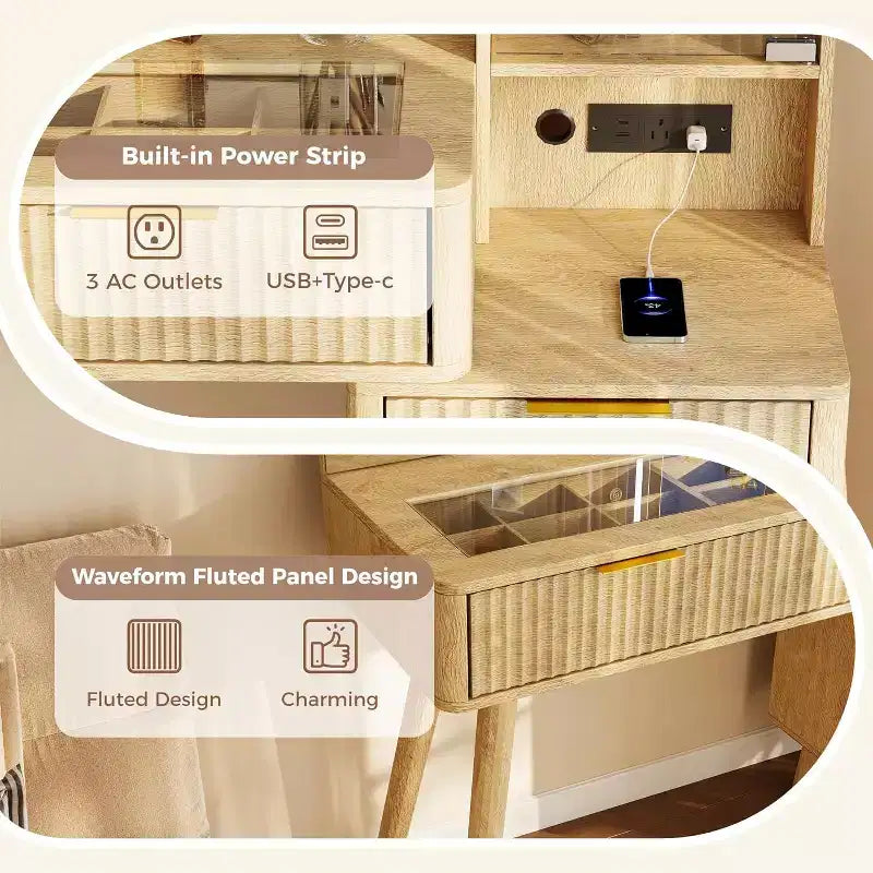 Toeletta Trucco in Legno Naturale/Bianco con Specchio Illuminato e Sgabello Contenitore – 1 Persona