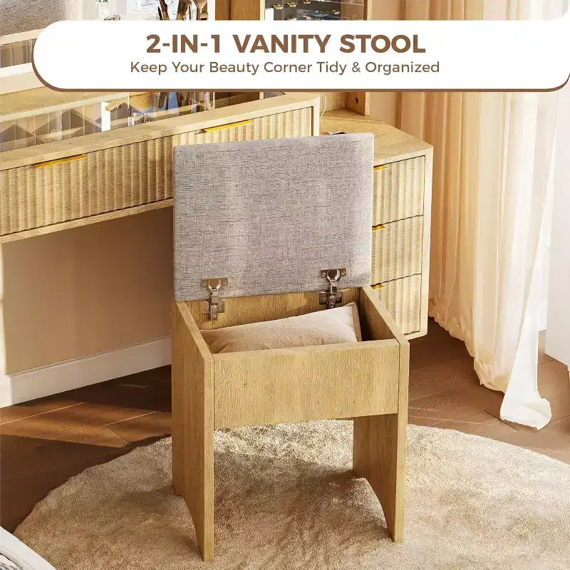 Toeletta Trucco in Legno Naturale/Bianco con Specchio Illuminato e Sgabello Contenitore – 1 Persona