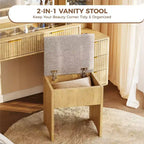 Toeletta Trucco in Legno Naturale/Bianco con Specchio Illuminato e Sgabello Contenitore – 1 Persona