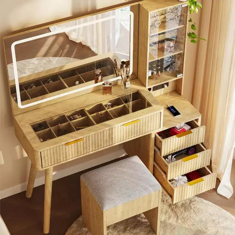Toeletta Trucco in Legno Naturale/Bianco con Specchio Illuminato e Sgabello Contenitore – 1 Persona