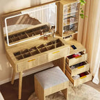 Toeletta Trucco in Legno Naturale/Bianco con Specchio Illuminato e Sgabello Contenitore – 1 Persona