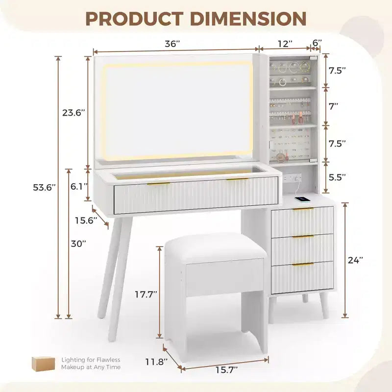 Toeletta Trucco in Legno Naturale/Bianco con Specchio Illuminato e Sgabello Contenitore – 1 Persona