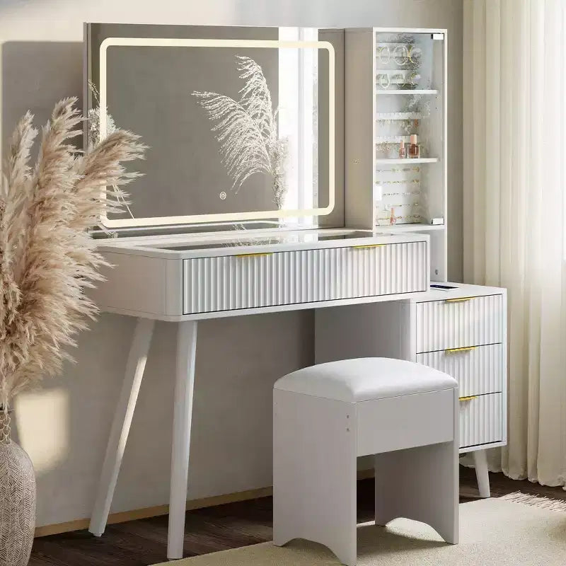 Toeletta Trucco in Legno Naturale/Bianco con Specchio Illuminato e Sgabello Contenitore – 1 Persona