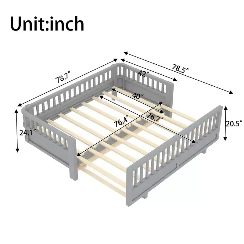 Letto a piattaforma in legno massiccio grigio/bianco con sponde di sicurezza – Singolo / Singolo XL, trasformabile in matrimoniale, per 1–2 utenti
