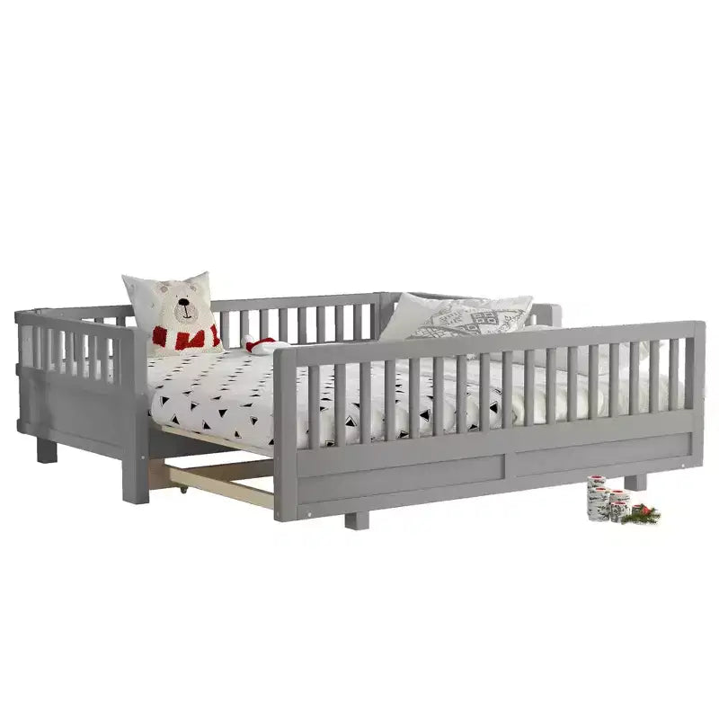 Letto a piattaforma in legno massiccio grigio/bianco con sponde di sicurezza – Singolo / Singolo XL, trasformabile in matrimoniale, per 1–2 utenti