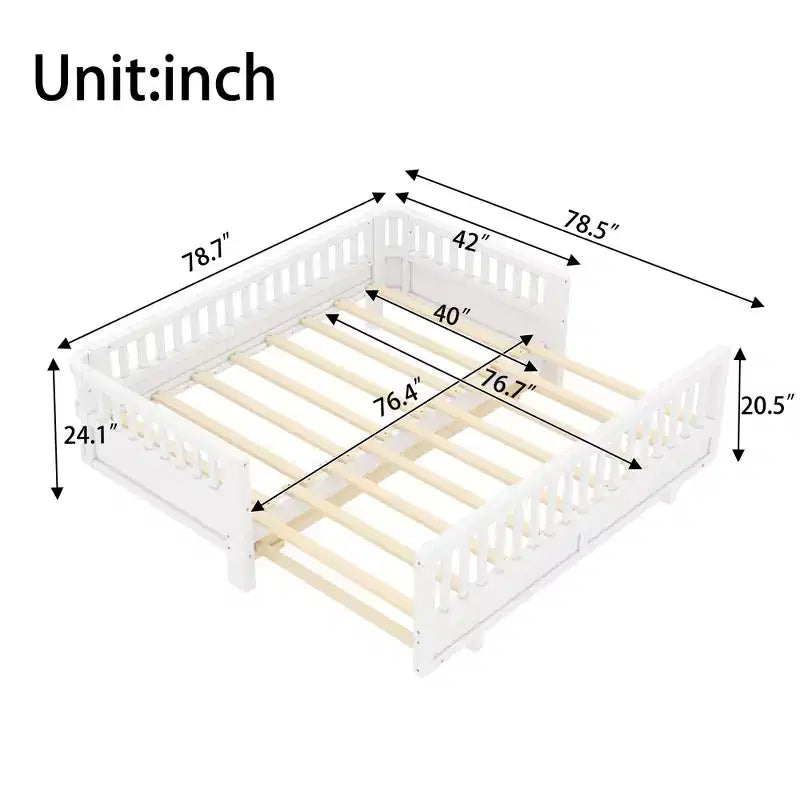Letto a piattaforma in legno massiccio grigio/bianco con sponde di sicurezza – Singolo / Singolo XL, trasformabile in matrimoniale, per 1–2 utenti