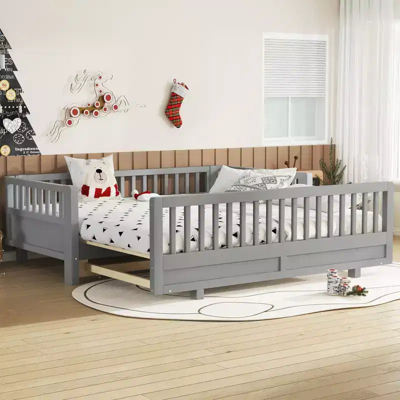Letto a piattaforma in legno massiccio grigio/bianco con sponde di sicurezza – Singolo / Singolo XL, trasformabile in matrimoniale, per 1–2 utenti