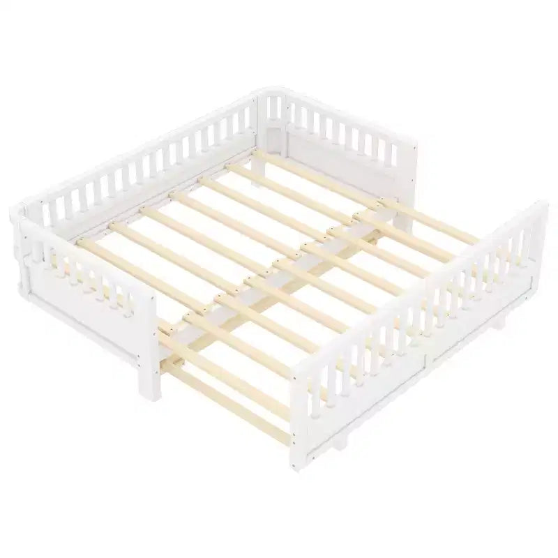 Letto a piattaforma in legno massiccio grigio/bianco con sponde di sicurezza – Singolo / Singolo XL, trasformabile in matrimoniale, per 1–2 utenti