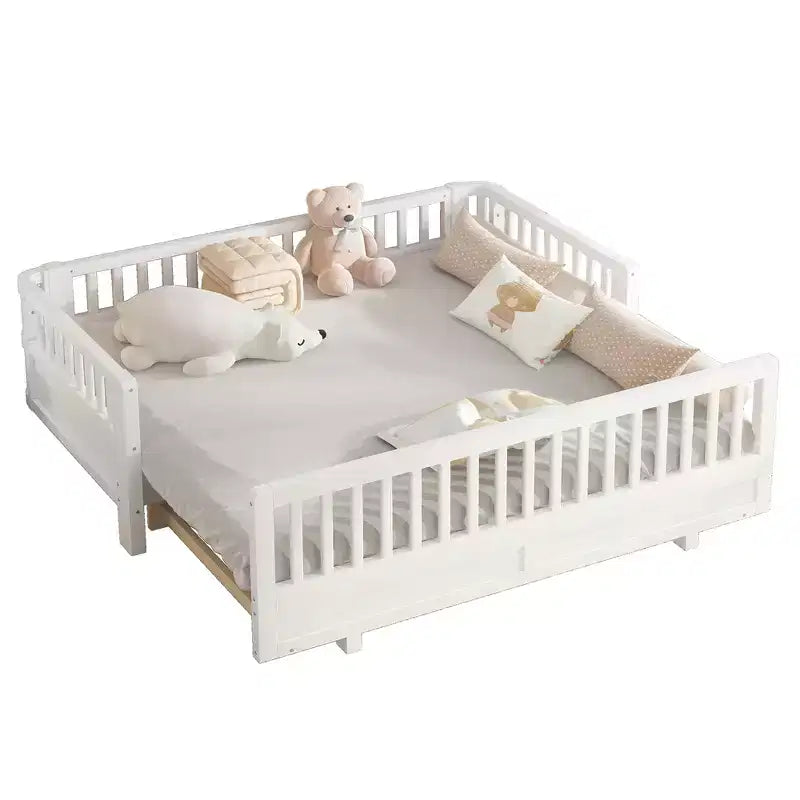 Letto a piattaforma in legno massiccio grigio/bianco con sponde di sicurezza – Singolo / Singolo XL, trasformabile in matrimoniale, per 1–2 utenti