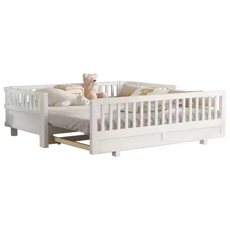 Letto a piattaforma in legno massiccio grigio/bianco con sponde di sicurezza – Singolo / Singolo XL, trasformabile in matrimoniale, per 1–2 utenti