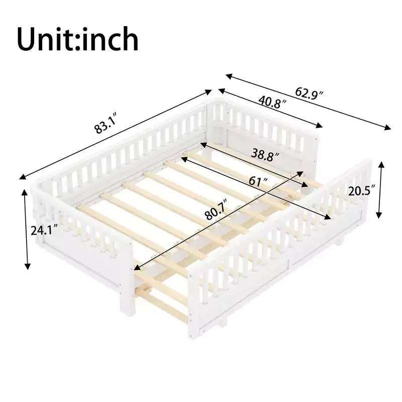 Letto a piattaforma in legno massiccio grigio/bianco con sponde di sicurezza – Singolo / Singolo XL, trasformabile in matrimoniale, per 1–2 utenti