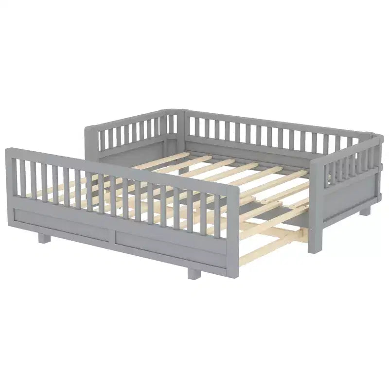 Letto a piattaforma in legno massiccio grigio/bianco con sponde di sicurezza – Singolo / Singolo XL, trasformabile in matrimoniale, per 1–2 utenti