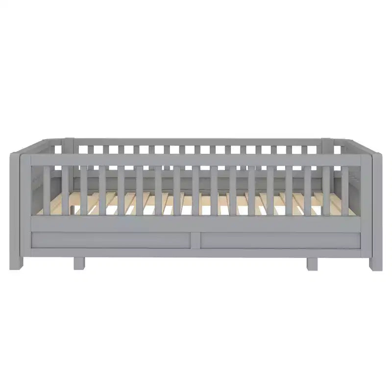 Letto a piattaforma in legno massiccio grigio/bianco con sponde di sicurezza – Singolo / Singolo XL, trasformabile in matrimoniale, per 1–2 utenti