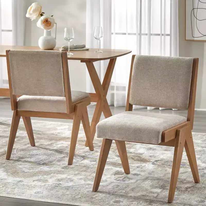 Sedia da pranzo senza braccioli di metà secolo, in rovere chiaro/beige, set da 2