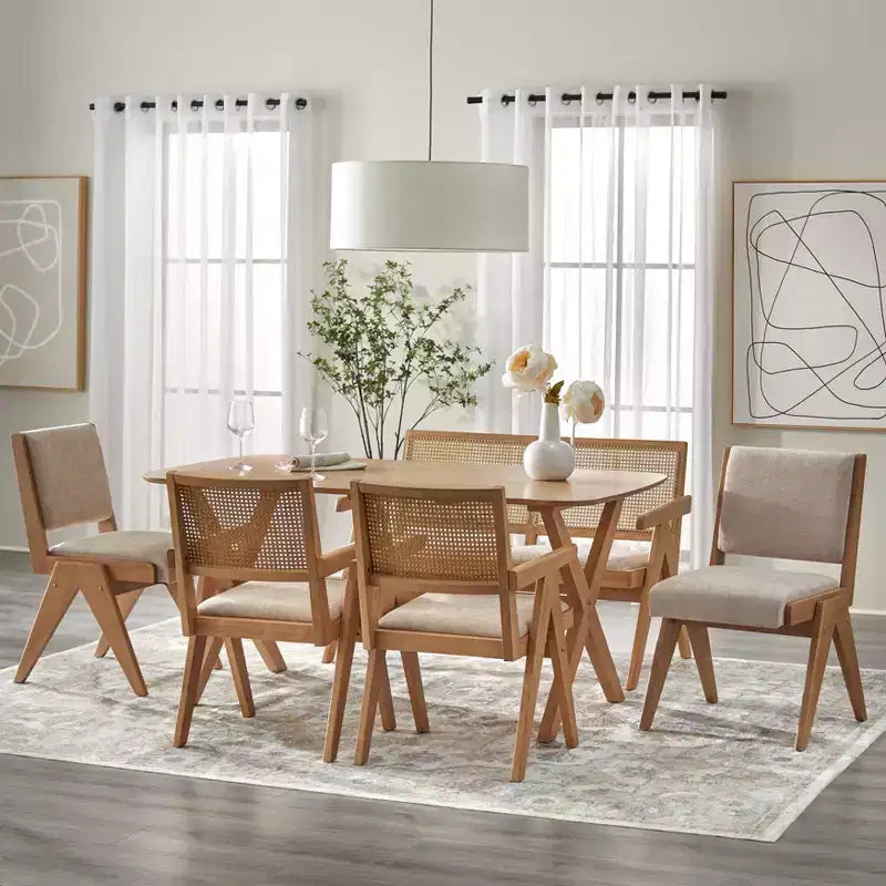 Sedia da pranzo senza braccioli di metà secolo, in rovere chiaro/beige, set da 2